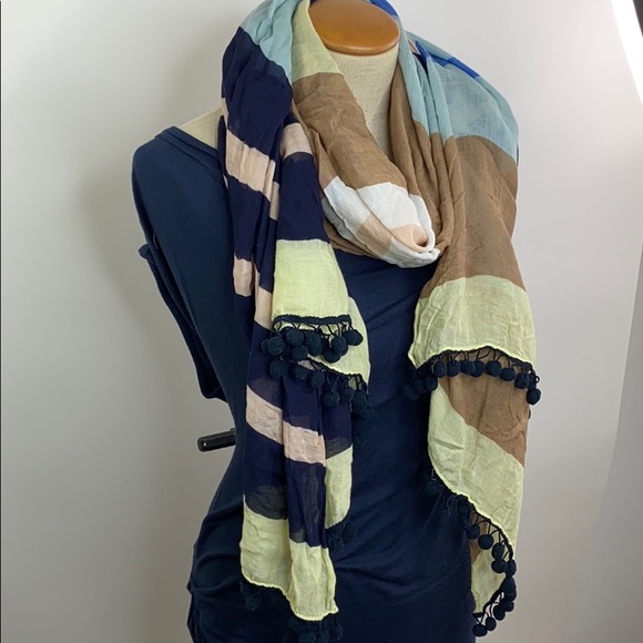Ann Taylor Stripped Scarf with Ball Trim - Picture 2 of 6